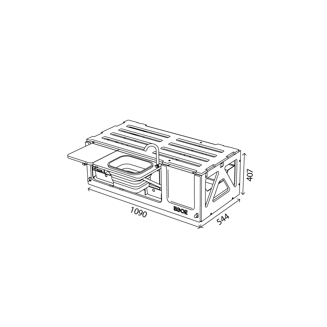 Campingmodull Nestbox Hiker 100 Kitchen set En campingmodul som är anpassad för att passa bilens baggageutrymme, med en bekväm säng, förvaringsutrymmen, en inbyggd kök med gasolspis och vattentank för en bekväm utomhusupplevelse.