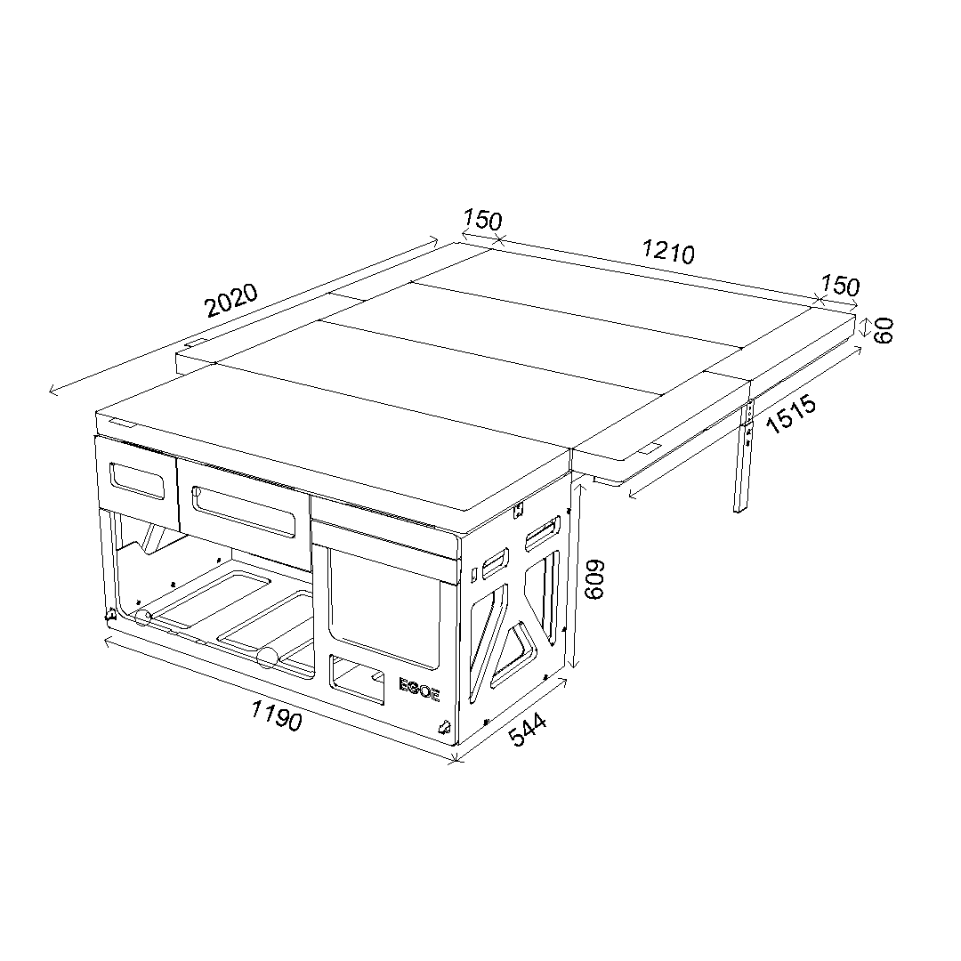 Campingmodull Nestbox Roamer 500 Sleeping set+ En campingmodul som är anpassad för att passa bilens baggageutrymme, med en bekväm säng, förvaringsutrymmen, en inbyggd kök med gasolspis och vattentank för en bekväm utomhusupplevelse.