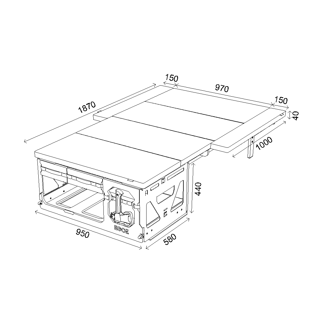 Campingmodull Nestbox Supertramp 300 Sleeping set+ En campingmodul som är anpassad för att passa bilens baggageutrymme, med en bekväm säng, förvaringsutrymmen, en inbyggd kök med gasolspis och vattentank för en bekväm utomhusupplevelse.